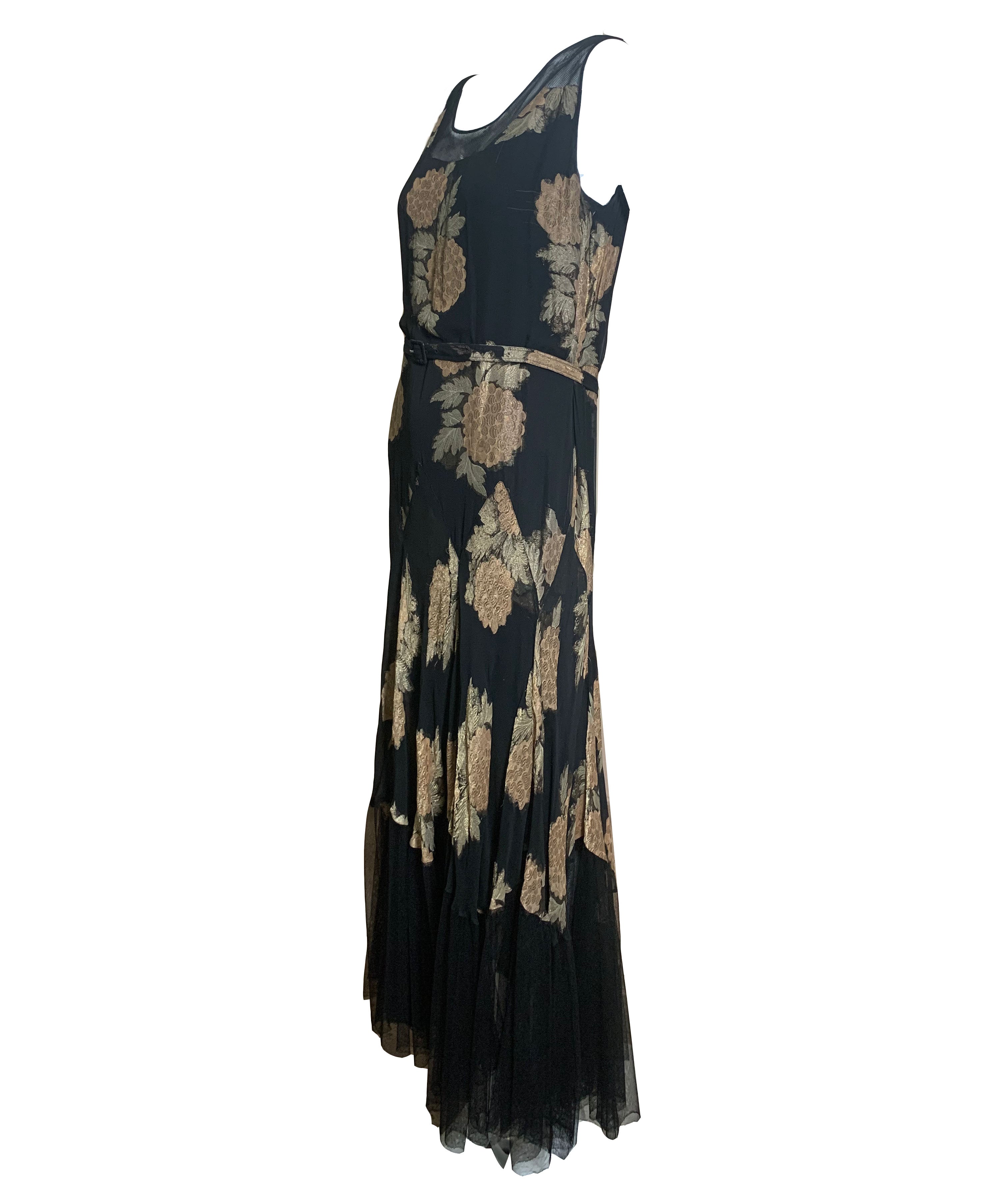 + 30s Lord and Taylor  Black Gold Lame Floral Gown with Mesh Trim and Belt  SIDE 3 of 5