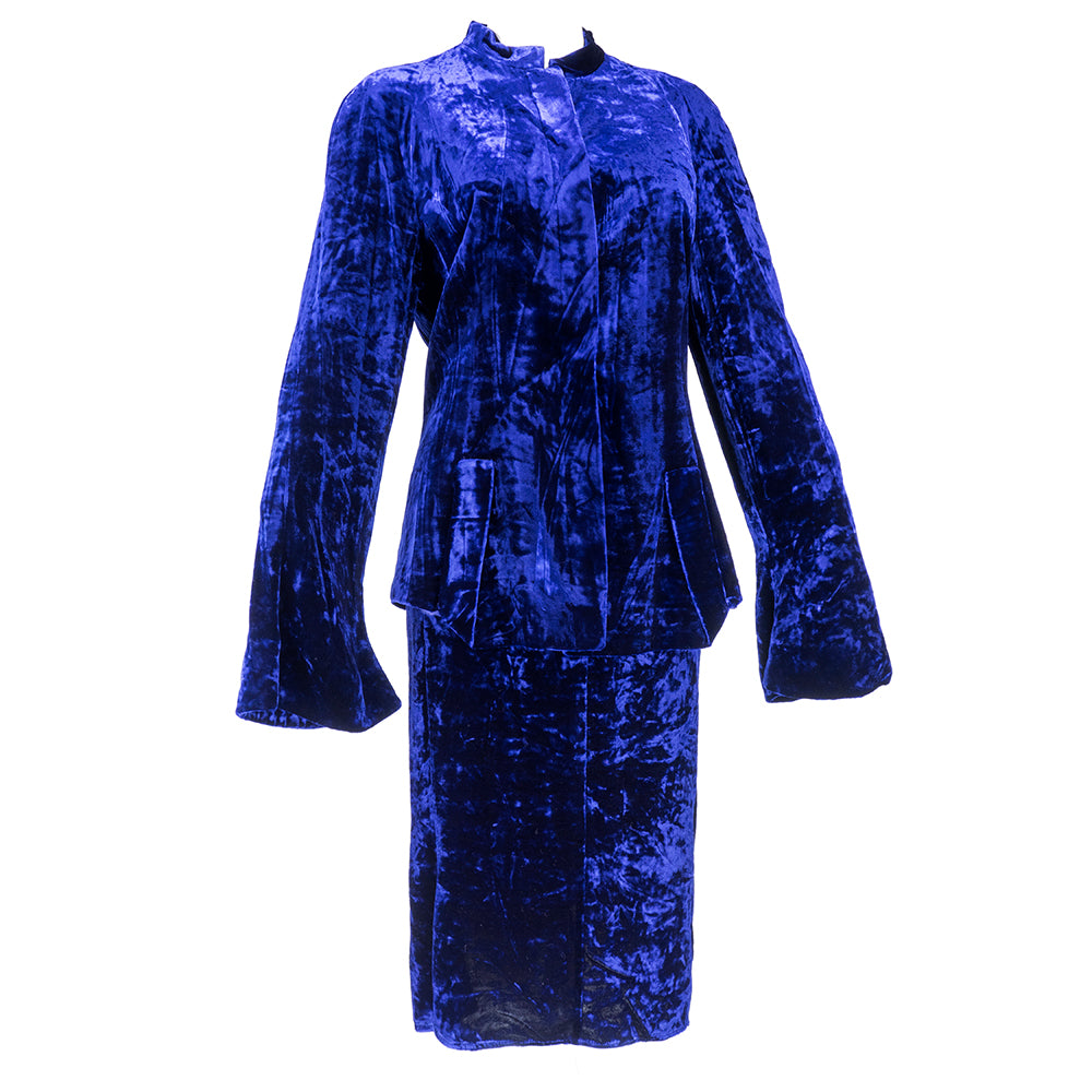Vintage KRIZIA 90s Midnight Blue Velvet Skirt Suit, side